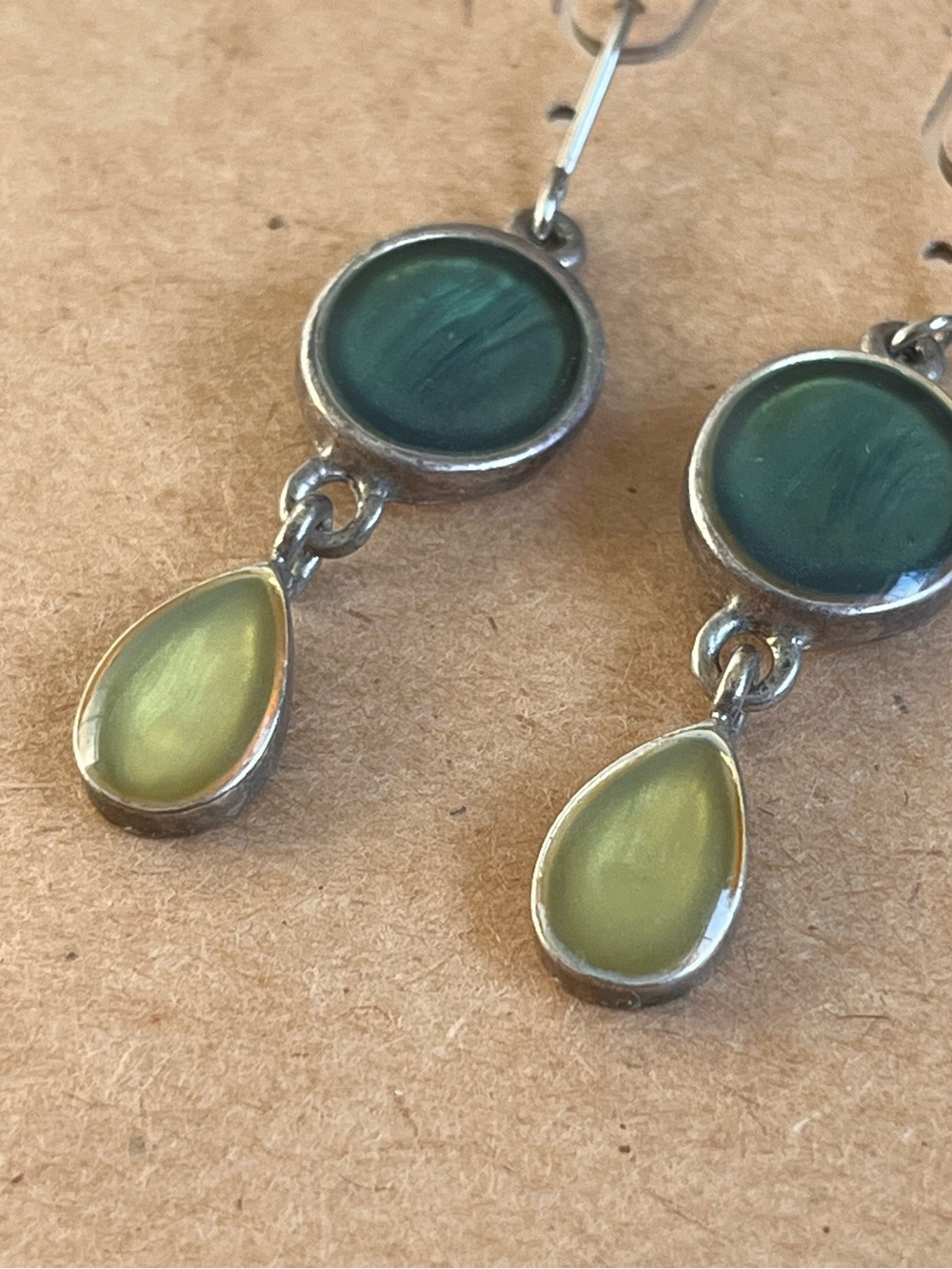 Handcrafted Silver Drop Earrings with Green and Yellow Stones - Picture 3 of 3